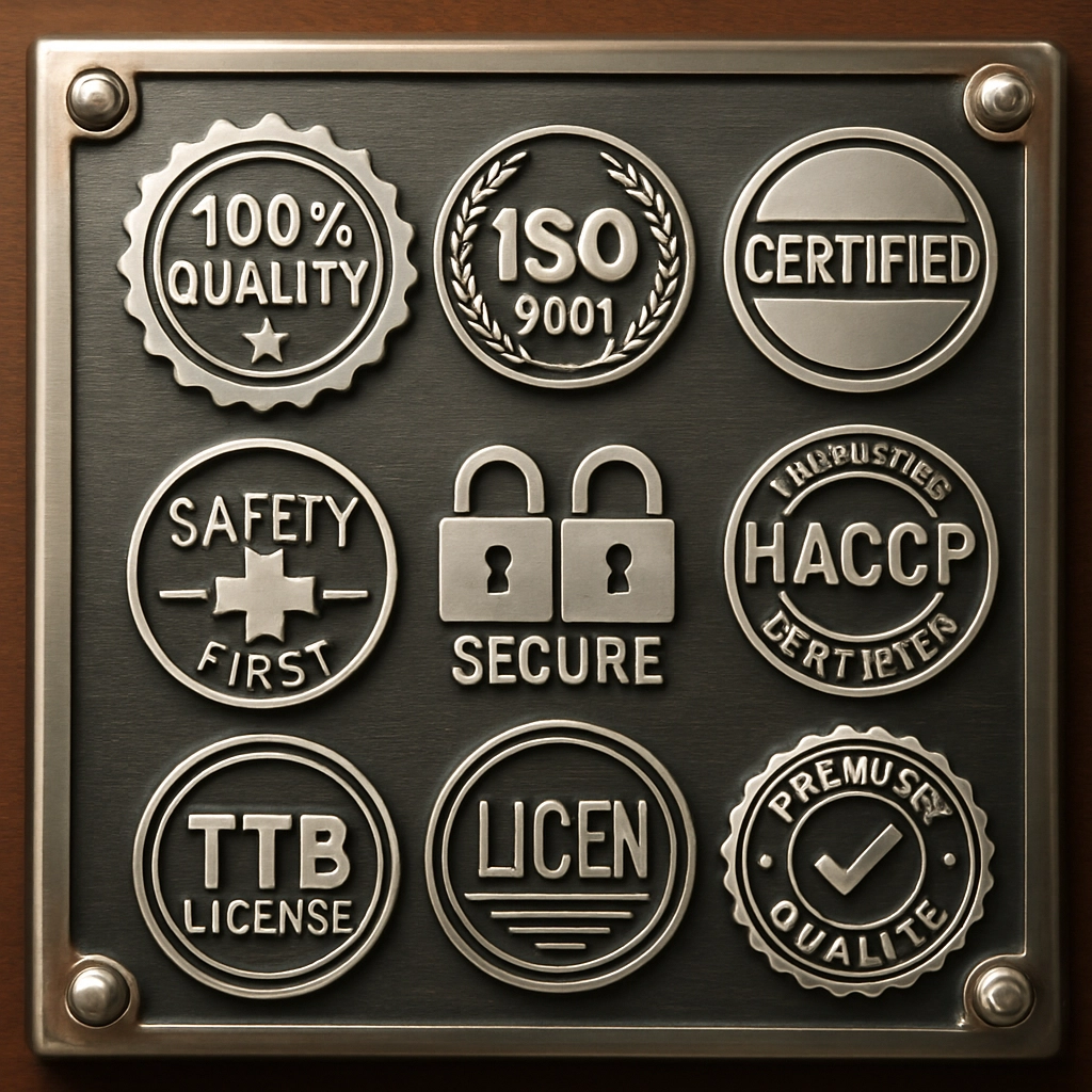 Certification badges wall for SQF, NSF, Kosher, Organic