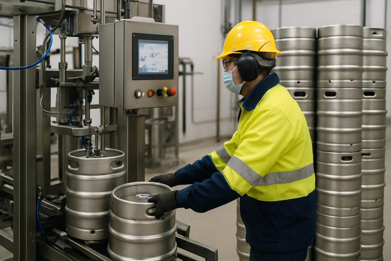 Kegging line filling stainless steel kegs