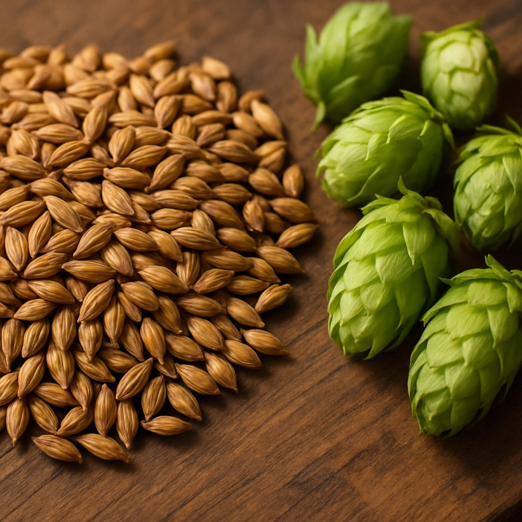 Malt and brewing ingredients on table