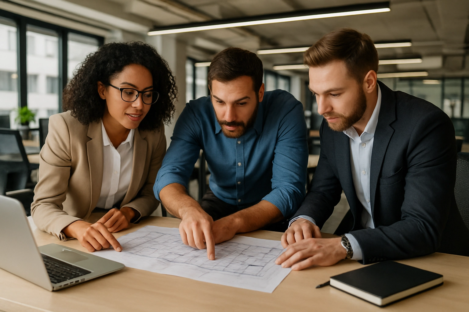 Leadership team collaborating in office